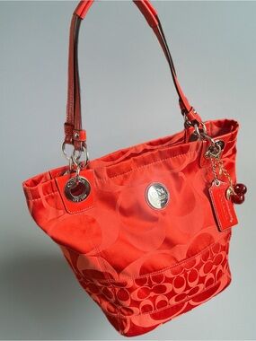Coach Alex Tote Orange Crimson Signature Bag Leather Trim Hangtag Dust Bag - EUC